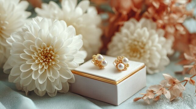 Luxury birthday present featuring pearl earrings and white chrysanthemums in a jewelry box - Powered by Adobe