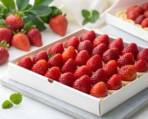 Fresh Ripe Strawberries Neatly Arranged in a White Box