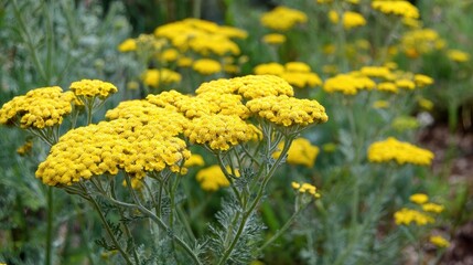 Achillea tomentosa or woolly yarrow is a drought resistant perennial featuring yellow flowers in flat clusters and delicate feathery leaves