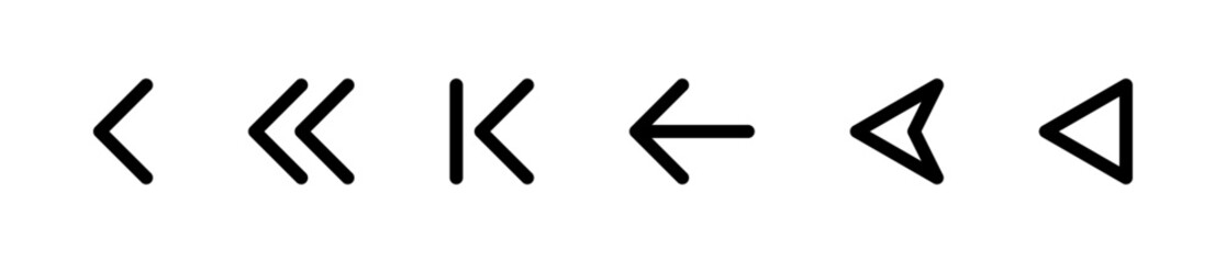 Arrow icons, left-pointing arrow icons set, thin line navigation symbols, black arrow symbols, Navigation icons, Arrow pointer collection, vector illustration.