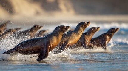 California sea lion rushing on the beach in Puerto Refugio Baja California Mexico Sea of Cortez