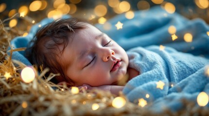 Sleeping newborn Jesus baby in a manger filled with straw. A close-up of a Christmas nativity scene with glowing golden lights and stars