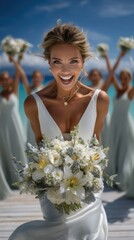 Fototapeta premium Beautiful bride in elegant white wedding dress holding a fresh flower bouquet. Smiling woman celebrates her marriage with happy bridesmaids cheering on a sunny pier by blue sea.