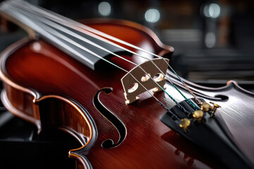 Fototapeta premium Close up of a beautifully crafted violin resting on a wooden surface at a concert hall