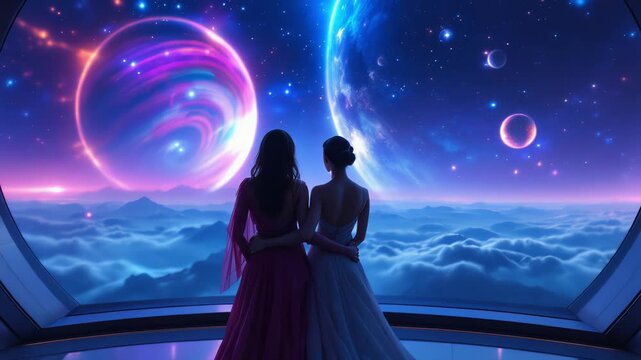 cosmic promenade romance two women in gowns admire nebula view