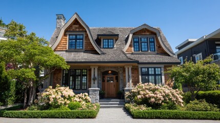 Fototapeta premium Luxury home s peak with shingle roof and attractive windows in summer Vancouver Canada August 2025