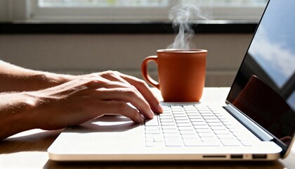 Man's hands typing on a laptop keyboard with a hot cup of coffee. Working from home in the morning sunlight. Freelancer or remote work concept