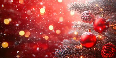 Christmas background with red ornaments, pine cones and snowy fir branches