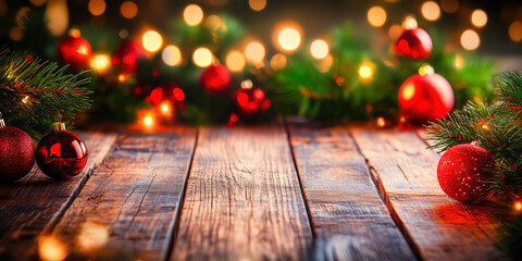 Christmas background with wooden table, fir branches and red ornaments
