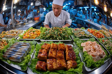 Obraz premium Chef and Display of Prepared Food at Night Market