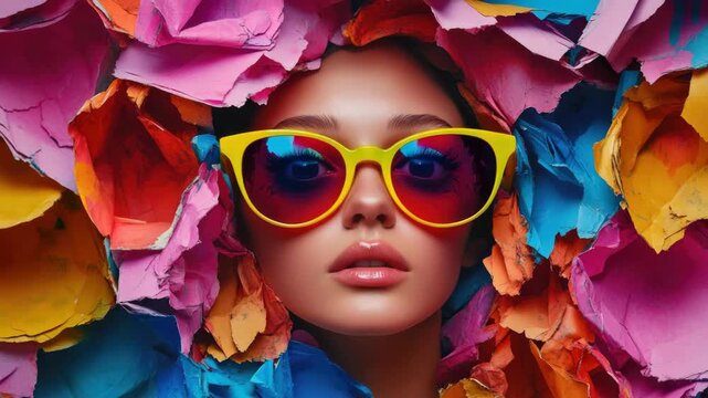 Woman with vibrant sunglasses enjoys colorful flowers in a creative, summer-like shoot. Abstract blossoms form an eye-catching backdrop.
