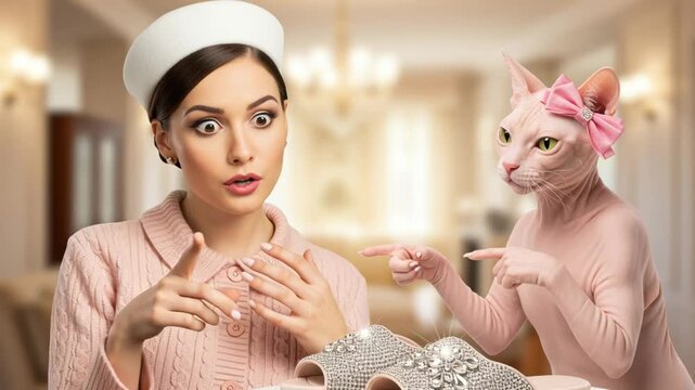 Stylish cat surprises fashionista with glamorous shoes in chic room