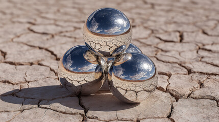 Chrome Spheres on Cracked Earth Representing Stability and Risk