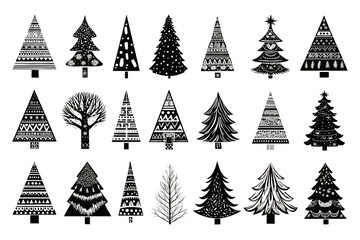 Black silhouette Christmas tree collection on white background