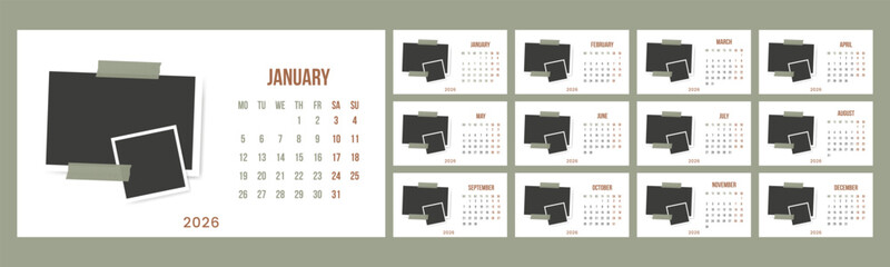 2026 year english calendar set of template monthly horizontal pages. Photo frame collage design planner week starts on Monday. 