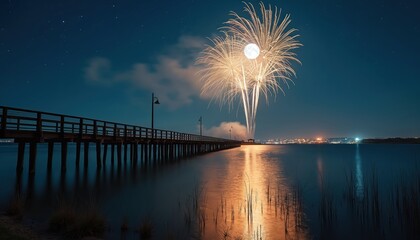 Night sky above water pier with full moon and bright fireworks celebration. Calm sea reflects golden light. City lights glow on distant shore.