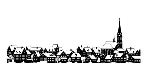 Fototapeta premium Cozy Christmas Village Snowy Town Horizontal Silhouette