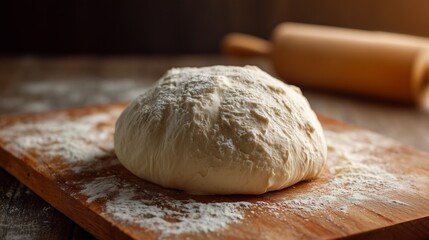 Fototapeta premium Dough ball resting on a floured board with a rolling pin in the background, ready for baking