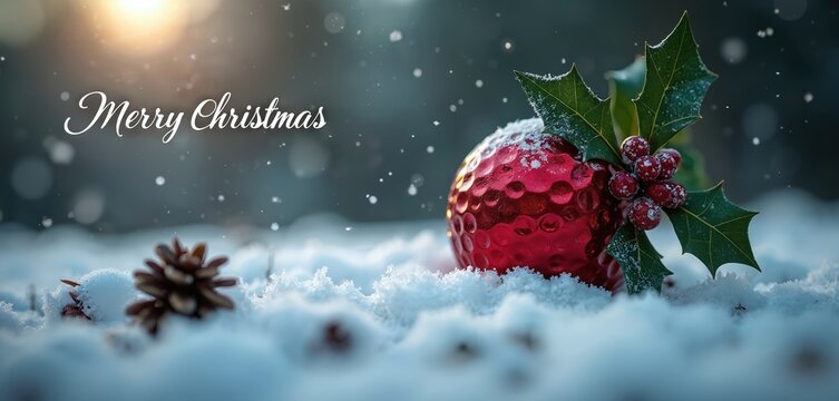 Red golf ball decorated with holly berries rests in fresh snow. Merry Christmas text overlay adds to festive winter scene. This image represents holiday spirit and combines sport with seasonal joy.