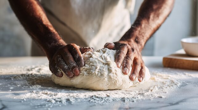 Baker hands kneading white raw bread dough with flour on a marble kitchen table