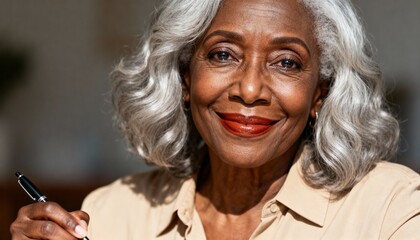Portrait of a confident senior African American woman smiling at the camera. Elegant mature businesswoman with gray hair holding a pen. Professional wisdom and retirement planning concept