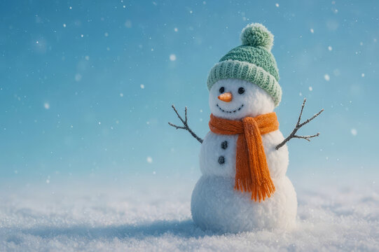 Smiling snowman with green hat and orange scarf in snowy field on blue winter background, Christmas and New Year holiday concept image