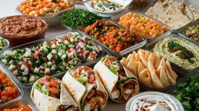 A colorful and appetizing display of various Mediterranean dishes in a buffet style setting, including wraps, salad, vegetables, hummus, tzatziki, falafel, and pita bread.