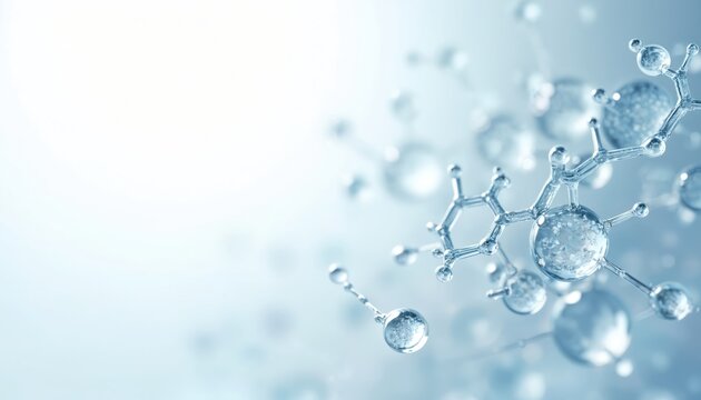 Molecules float on light blue gradient. Medical science concept background shows structure. Nano tech elements chemistry, innovation design. Molecular structure illustration. Health, science, pharma,