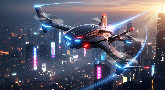 High-tech drone flying over a futuristic city skyline at sunset, capturing stunning views of neon lights and modern architecture - Powered by Adobe