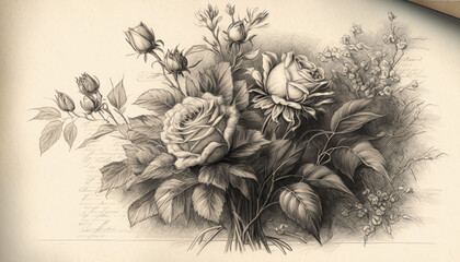 Vintage pencil sketch bouquet of roses on aged paper