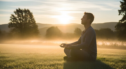 Meditation at sunrise over a misty field with a calm man enjoying nature's beauty