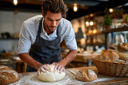 Baker kneads dough in a rustic bakery, surrounded by freshly baked bread loaves