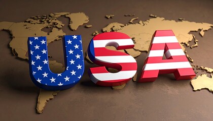 &ldquo;USA&rdquo; blooms in stars-and-stripes 3D letters over a golden world map&mdash;proud, patriotic, and globally centered. Classic Americana meets cartographic flair.