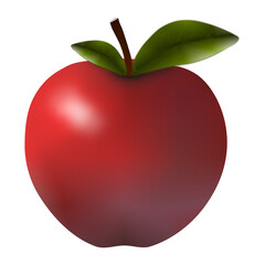A ripe red apple with shiny skin, green leaves, and a short brown stalk is a symbol of nature, freshness, and health.