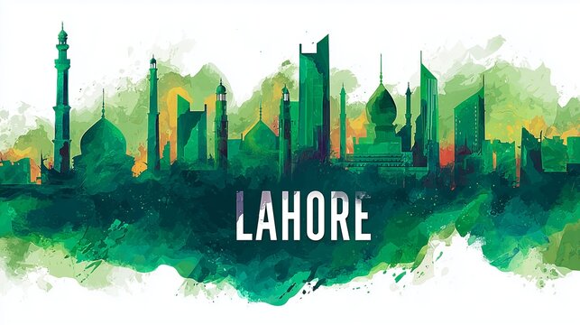 Lahore skyline glows in green watercolor, with the city name boldly displayed, celebrating urban beauty and cultural pride. The image conveys artistry, heritage, and vibrant energy.
