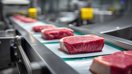 Steak production line showing fresh raw beef steaks being wrapped and packaged