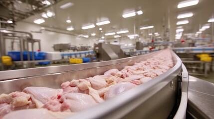 Chicken processing line showing raw poultry on a conveyor belt in factory