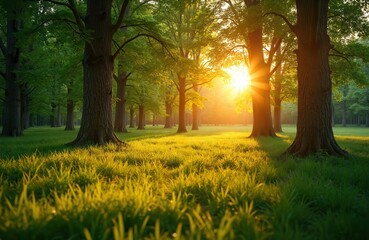 Golden sunset sunlight shines through trees in green forest. Scenic woodland park landscape with long grass. Calm nature outdoors background. Beautiful sunny day in the woods.