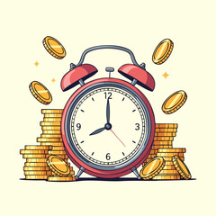 Alarm clock with coins, representing time management and financial growth, concept illustration.