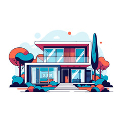 Modern architectural illustration of a contemporary two-story house with glass windows and a flat roof.