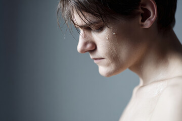 young man with wet eyelashes and heavy breath stands against clean solid background