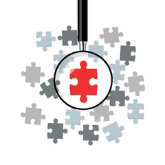 Magnifying glass focuses on a red puzzle piece, highlighting the solution.