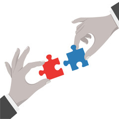 Hands connecting puzzle pieces, teamwork, collaboration, and problem-solving concept.