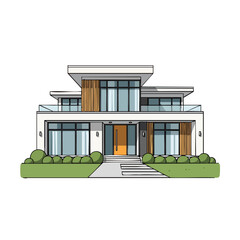 Modern architectural design of a luxurious two-story house with glass windows and a flat roof.