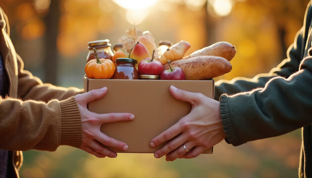 Two sets of hands exchange brown cardboard box filled with autumn harvest food items. Community meal donation provides fresh bread, ripe fruit, small jars, mini pumpkins to families. Warm act of