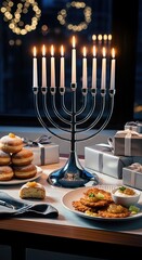Obraz premium Warm Hanukkah menorah candles glow brightly, illuminating a joyful Jewish family celebration. Delicious traditional sufganiyot and latkes complement the festive holiday gifts. Chag Urim Sameach lights