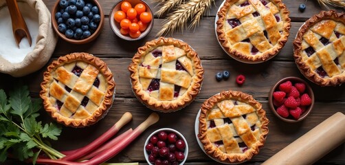 Group of assorted fruit pies ready to be baked. Ingredients like blueberries, cherries, rhubarb, and sugar are nearby. Overhead view shows a rustic wooden table setting with warm baked goods.