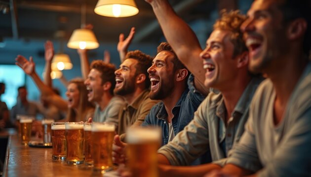 Diverse people watch sports match in pub. Friends cheer soccer team. Men and woman shout in bar raising hands with beer glasses celebrate victory.
