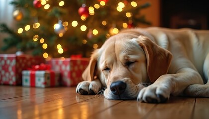 Golden labrador dog sleeps peacefully near decorated Christmas tree with presents. Warm holiday lights create cozy atmosphere for pet rest. Adorable canine dreams near gifts by festive xmas tree.