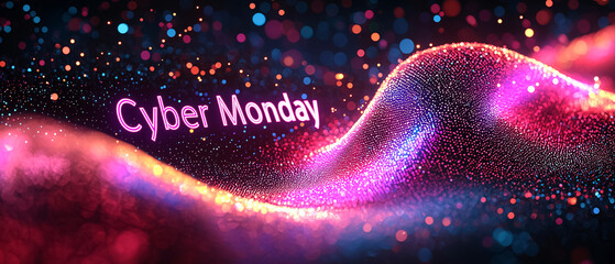 Vibrant abstract background wave with Cyber Monday typography. Seasonal sales advertising, online store promotion, digital commerce and futuristic technology marketing visuals. Colorful web banner.
